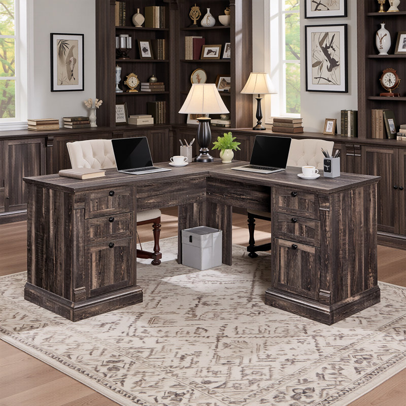60" L Shaped Executive Desk with Drawers & Charging Station, Dark Rustic Oak