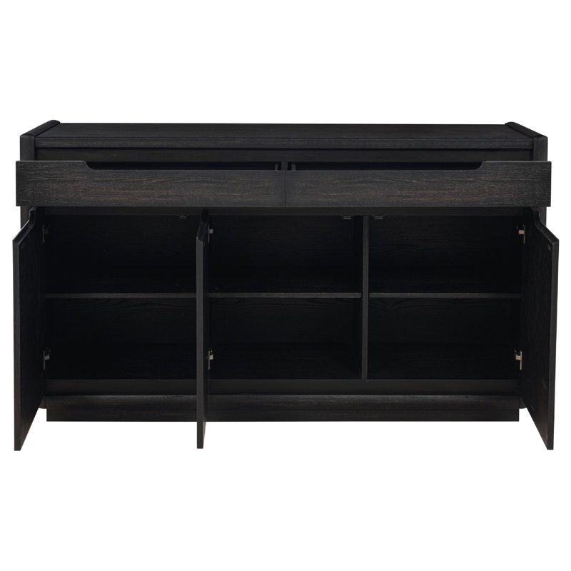 Console Lina, 3 portes, 2 tiroirs, noir poli 64 pouces