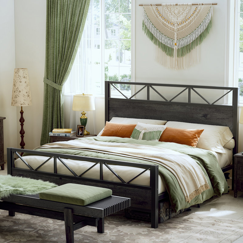 Industrial Platform Bed With Tall Headboard - Silent Support, Hidden Storage & Easy Assembly, Gray, King