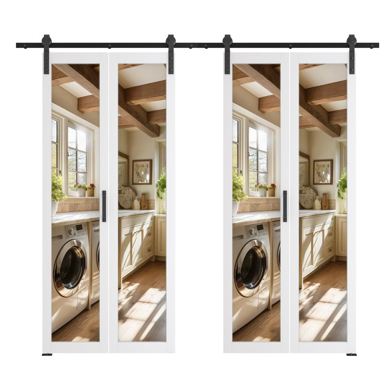 Porte de grange pliante en bois sans finition avec miroir, 48 po x 84 po