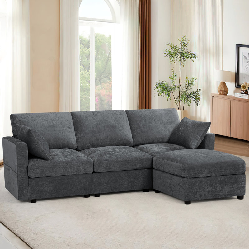 Canapé modulaire en chenille de 84 po avec repose-pieds réversible, canapé moderne avec coussin rembourré, canapé 3 places confortable pour le salon et le bureau