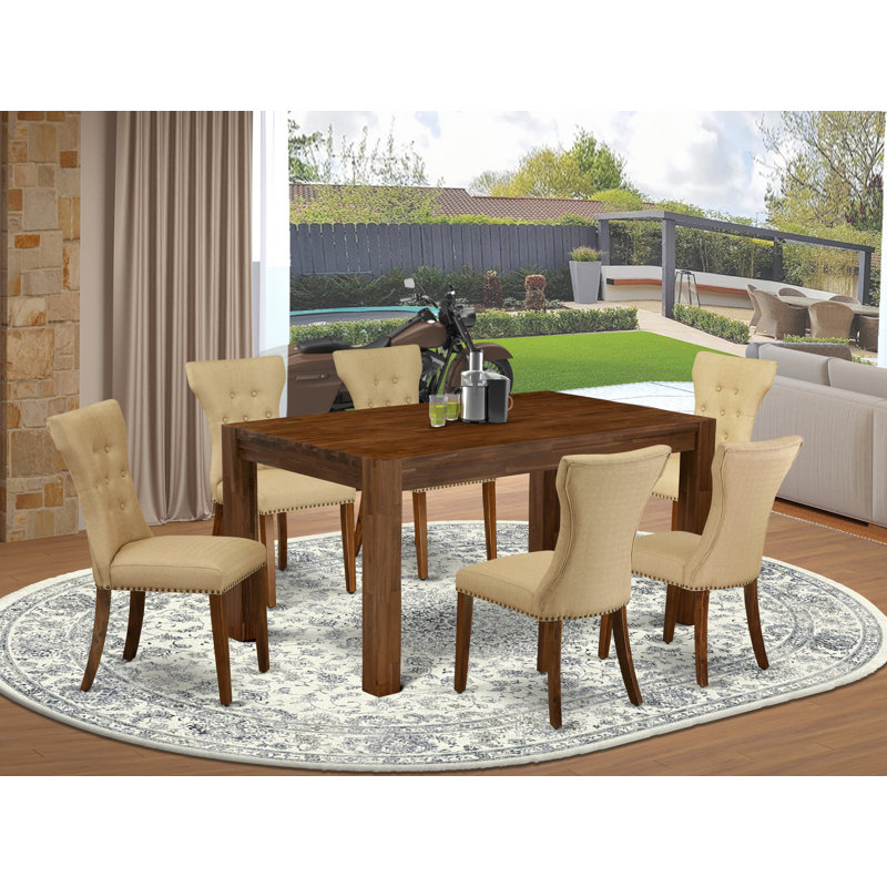 Ensemble de table et chaises de cuisine 7 pièces comprenant une table de salle à manger rectangulaire en bois rustique et 6 chaises parsons en tissu de lin brun, naturel
