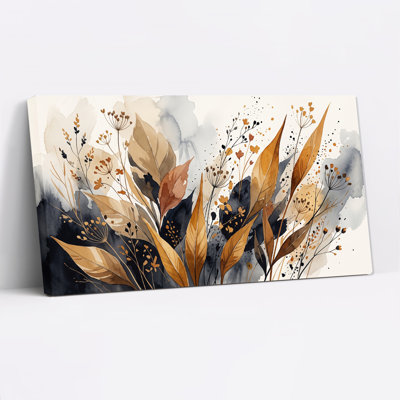 Tableau mural en toile grise délavée avec des feuilles rouillées et dorées et des éclaboussures noires