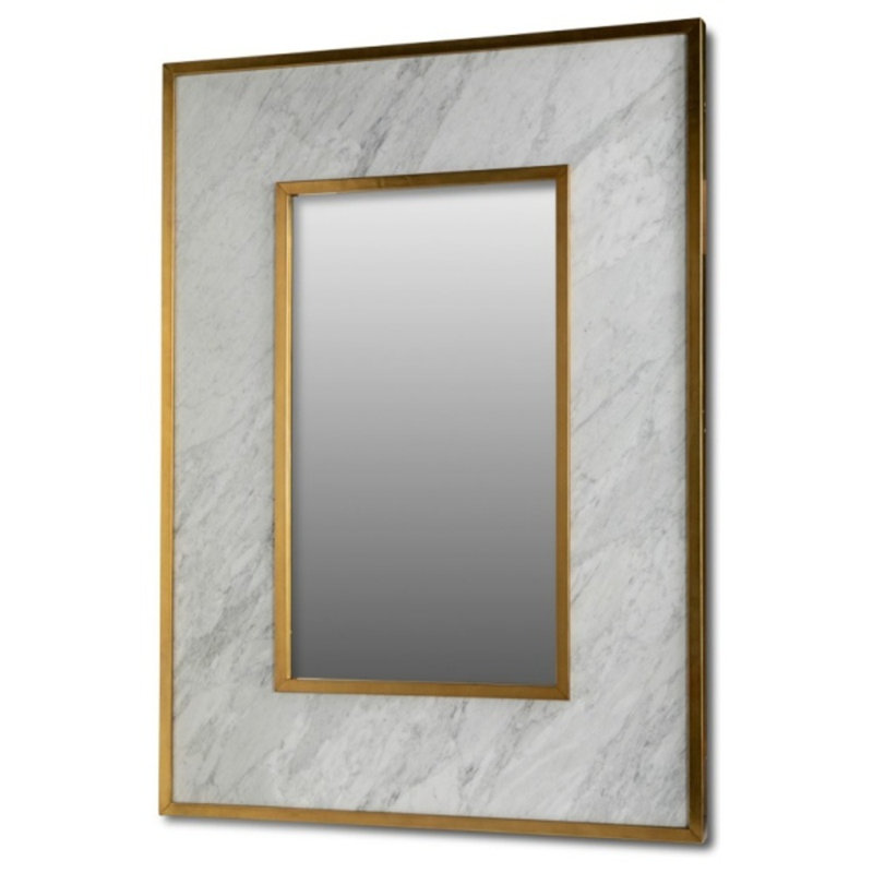 Richard Rectangle Wall Mirror, Honed Carrara Marble/Aged Brass