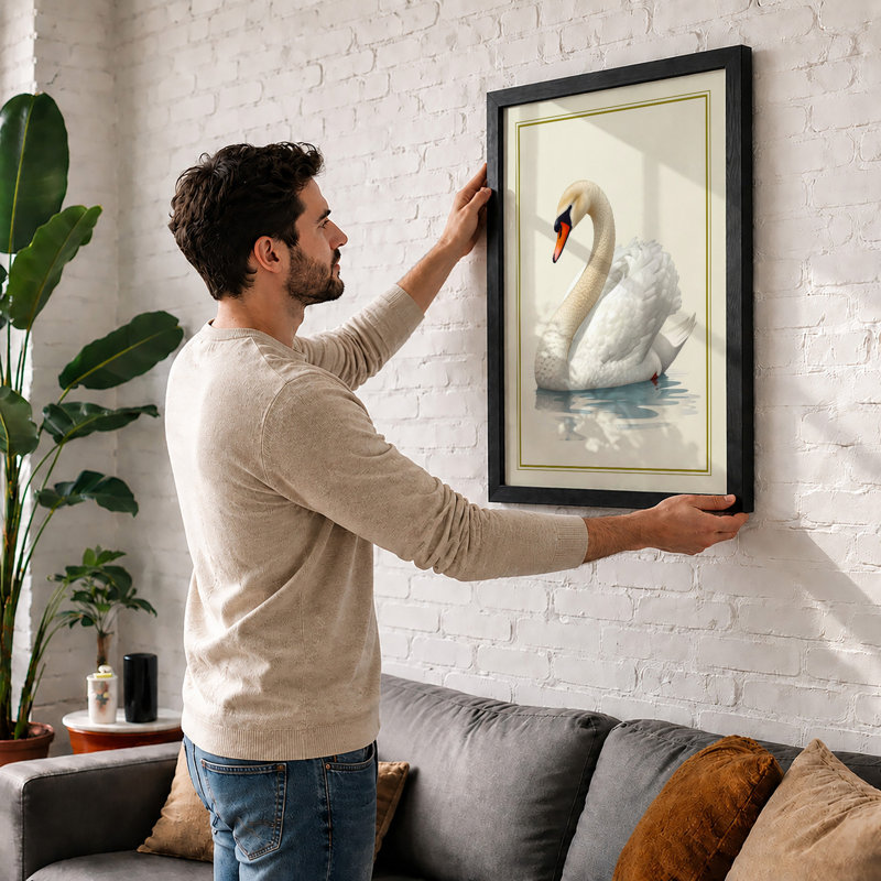 Swan on Water Coastal - Framed Print, A4 - 29.7 x 21.0 cm, Black