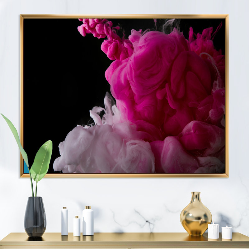 Peinture abstraite éclaboussure rose - œuvre d'art moderne sur toile, H 12 po x l 20 po x P 1 po, Cadre flottant doré