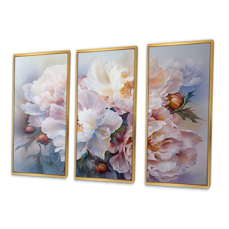 Rose et blanc, pivoines, florescence, ensemble de reproductions d'art mural pivoines, Cadre flottant doré