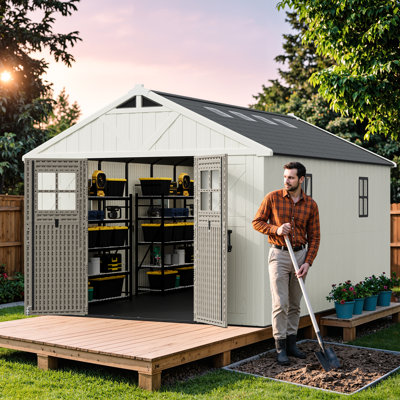 10 pi. L 14 pi. D - Remise de rangement en plastique avec plancher, remise en résine avec structure en acier renforcé, beige