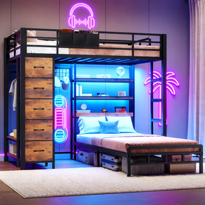 Bunk Bed Twin Over Twin with Hall Tree and Storage Bookcase Shelves Headboard