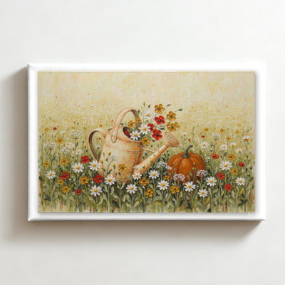 Arrosoir fleuri vintage, peinture à l'huile impressionniste sur toile, décoration murale automnale champêtre pour salon ou chambre, 61 x 91 cm