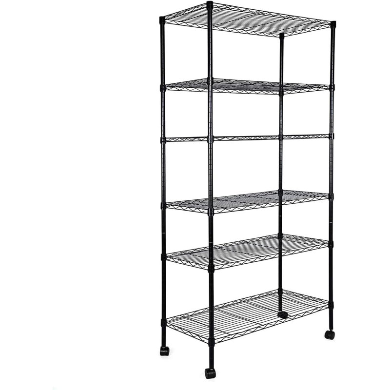  Étagère robuste à 6 tablettes avec roulettes, avec crochets de suspension, étagères grillagées, unités de rangement réglables, P 30 po x l 14 po x H 72 po, 6 niveaux, noir