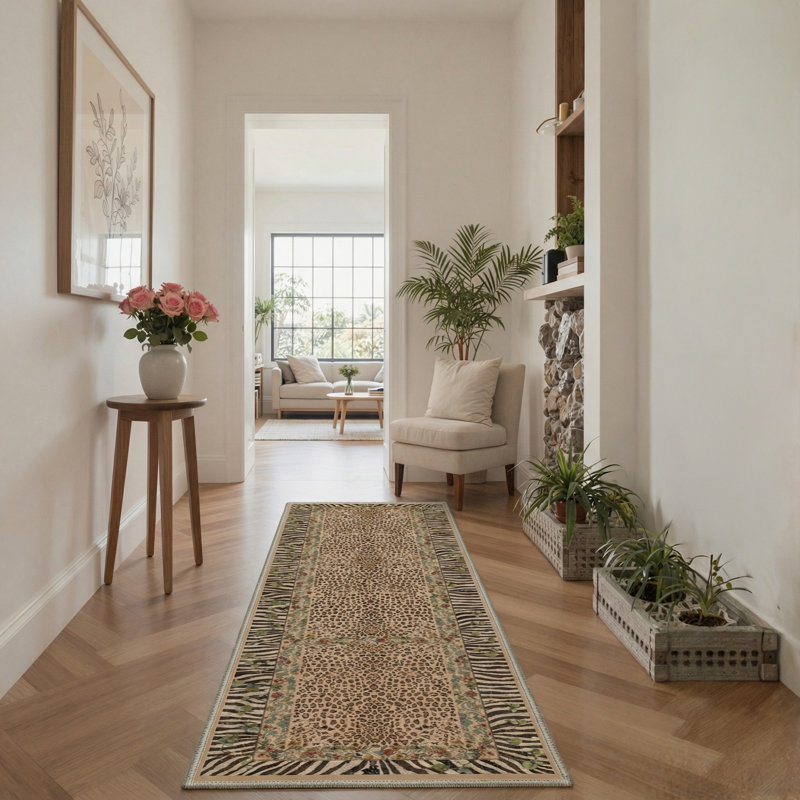 Alissa Liora Boho Leopard Floral Machine Washable Brown / Green / Beige Indoor Area Rug with Non-Slip Backing