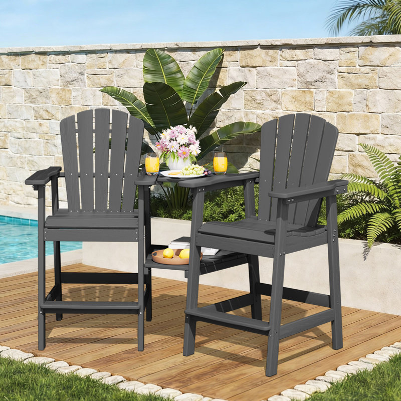 Wolak HDPE Outdoor Adirondack Chair Set With Detachable Tray, Gray