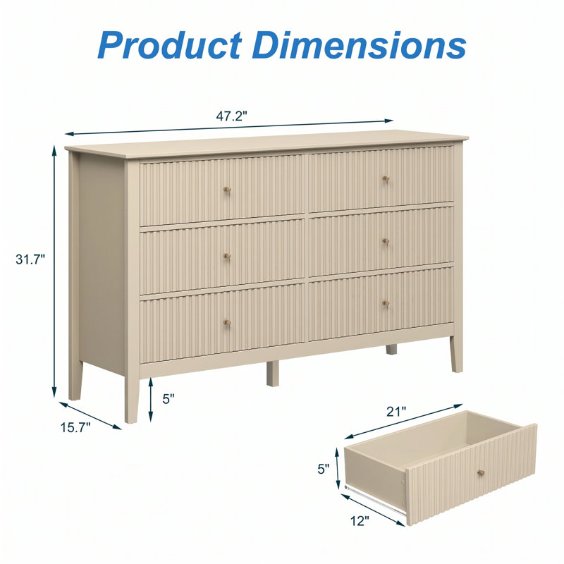120 cm W Chest of 6 Drawers, Beige