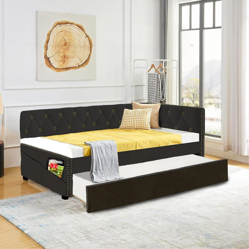 CADRE DE LIT DE DOUBLE TAILLE DOUBLE NOIR (lit d'angle) avec lit gigogne noir, tissu en velours, conception robuste, pas de sommier, convient à tous les styles!