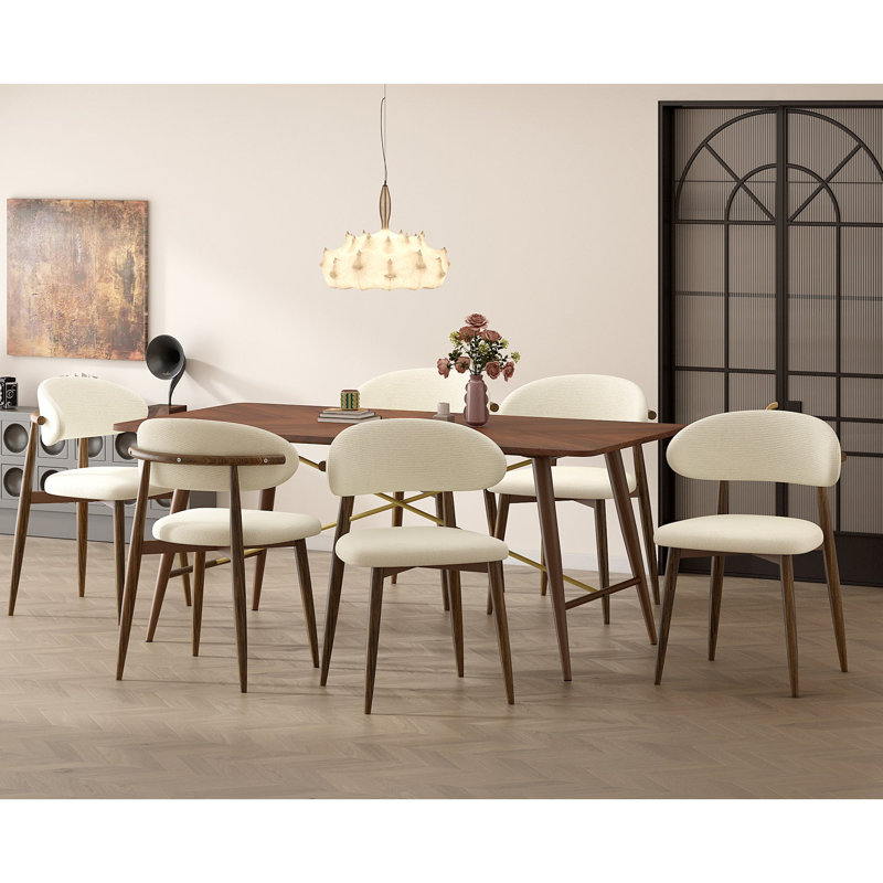 7-Piece 70.9" Wood Grain Rectangular Dining Table With 6 White Dining Chairs – Perfect For Modern Kitchen, Dining Room, Living Room