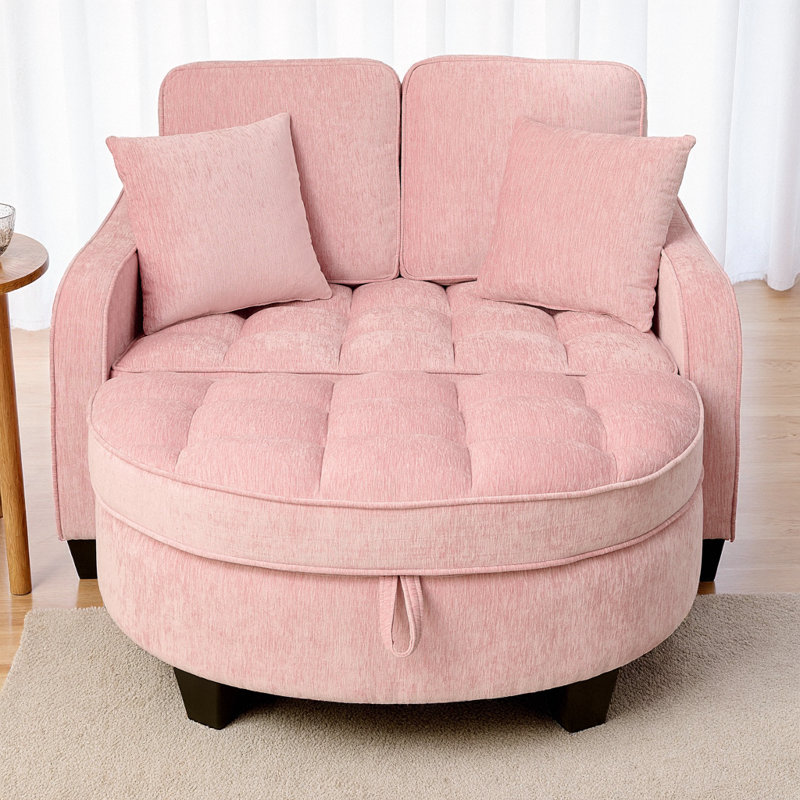 Chenille Two-Seater Chaise Sofa with Irregular Armrests, Matching Ottoman with Storage, Includes 2 Throw Pillows for Living Room & Bedroom
