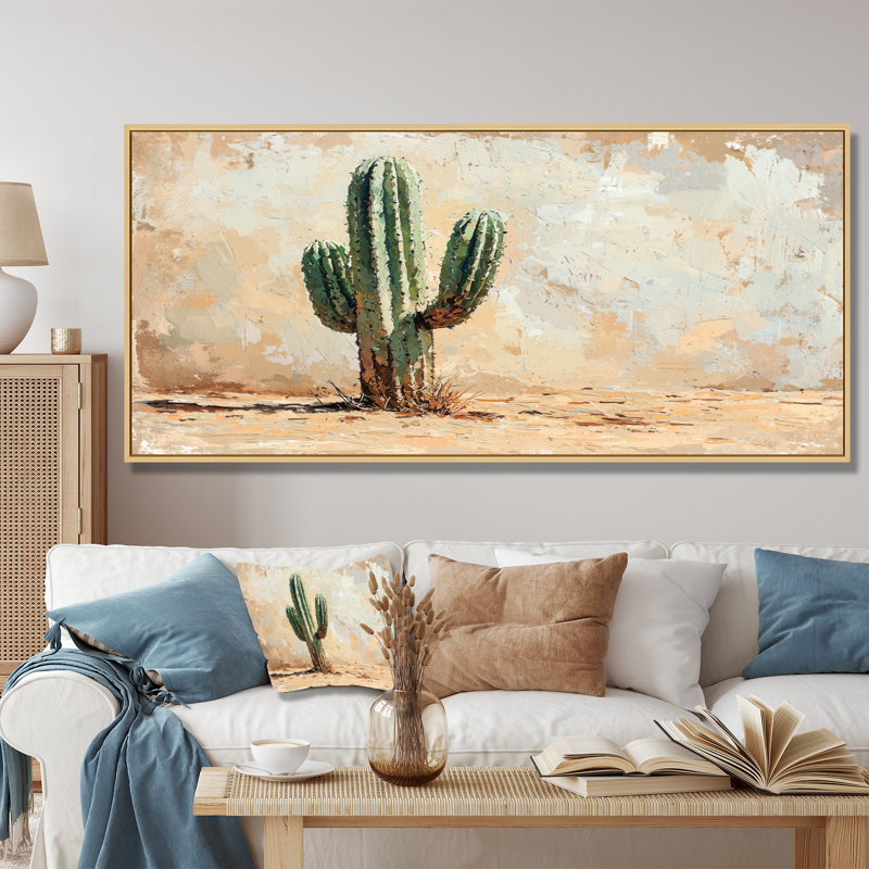 Marth, cactus dans le désert II - cactus, art mural, H 28 po x l 60 po, Cadre flottant, Crème, crème