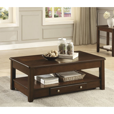Table basse contemporaine à plateau relevable avec tiroir et tablette en bois de cerisier foncé 1 pièce