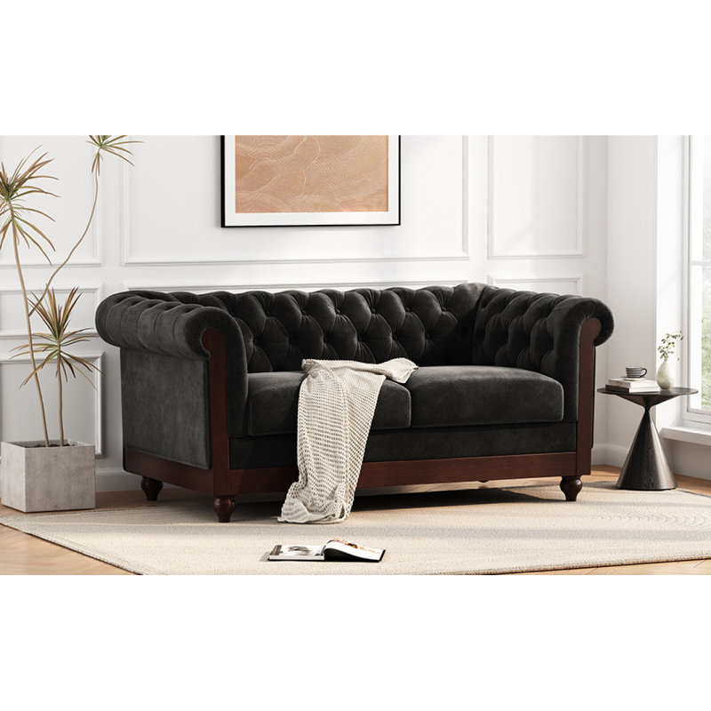 Monahans Chesterfield Velvet Loveseat, Rolled Arm Sofa With Diamond Tufting, Black