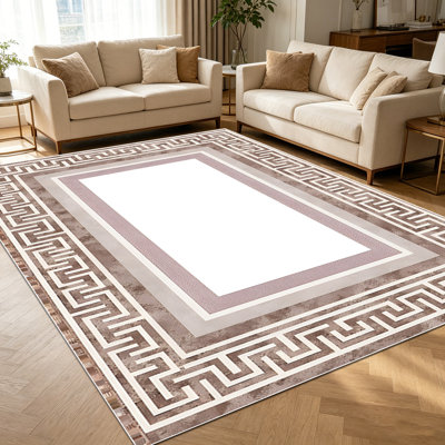 1PC Geometric Greek Key Border Neutral Tone Vintage area rugs for Living Room, Soft and Comfortable, Suitable for all seasons, easy-to-maintain, machine washable Indoor floor mat, Under Table Farmhouse suitable for dining table, bedroom, entryway,