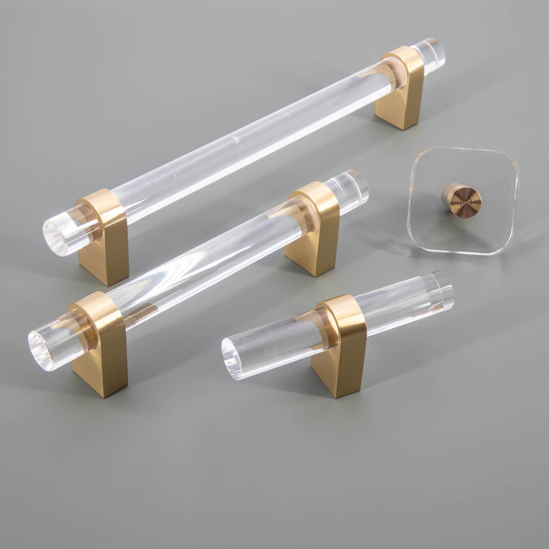 Acrylic Gray and Brass Cabinet and Drawer Pulls, 5", Clear
