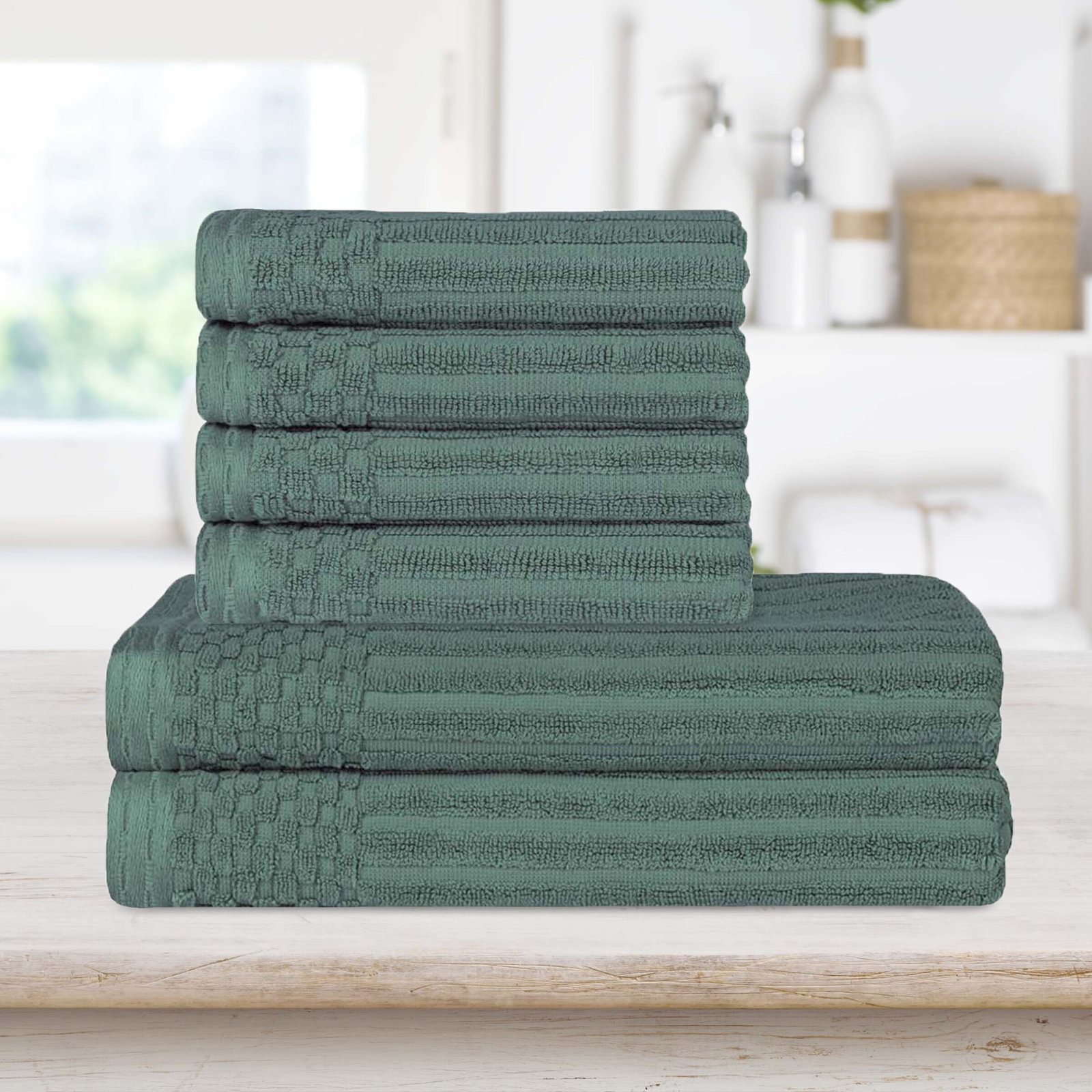 6-Piece Ribbed Cotton Towel Set, Basil