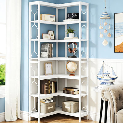 Nordic Corner Shelving, 7, blanc, métal et panneau de particules, bibliothèque hexagonale avec côté, Space Solution, structure, assemblage simple, 23,72 po de largeur, profondeur, 79,14 de hauteur, 7 tablettes, couleur blanche, conception