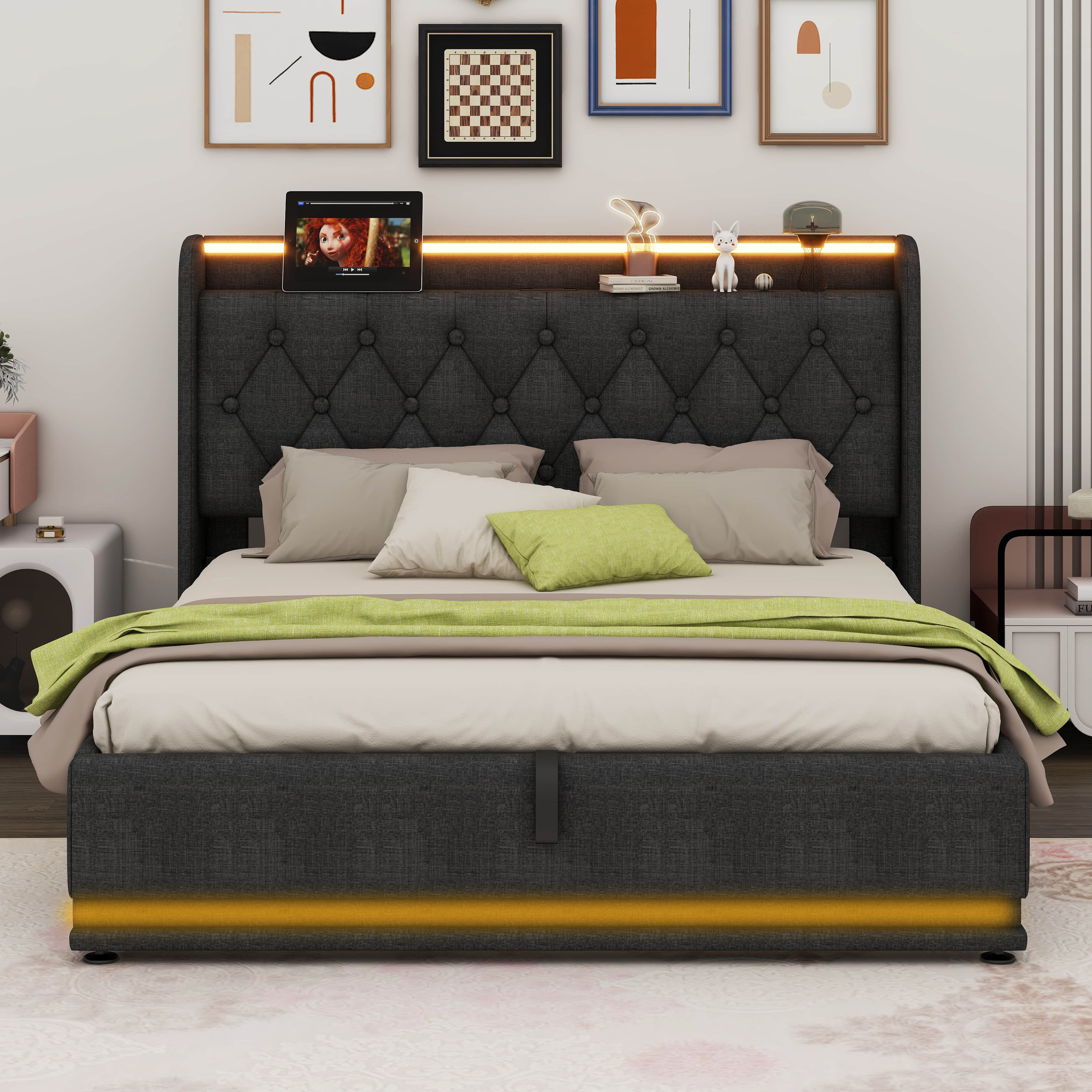 Ivy Bronx Doynton Upholstered Bed, 360 Surround LED Function, Buttons ...