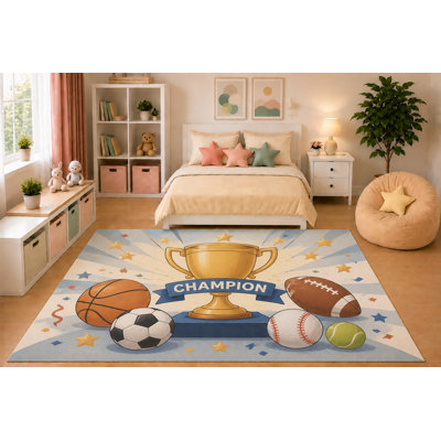 "Ultra Lightweight" 5'x7' Kids Area Rug Sports Trophy Champion Rug Basketball Soccer Football Baseball Tennis Bedroom Playroom Nursery Decor Non-Slip Silicone Backing Low Pile