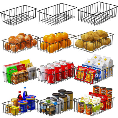 Paquet de 12 petits paniers de rangement en fil de fer (3 szie) pour l'organisation, bacs d'organisation de garde-manger pour armoires, panier en métal pour la cuisine, organisateur de salle de bain (noir)