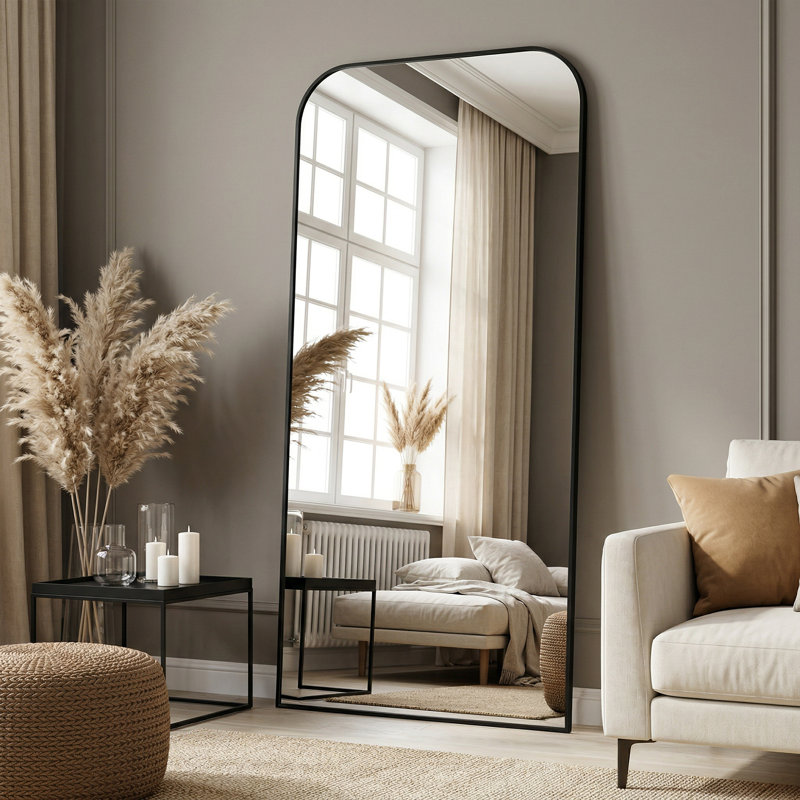 Miroir surdimensionné arqué en métal surdimensionné, Noir, 76 po x 34 po