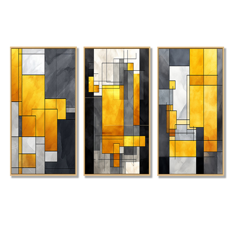 Fusion géométrique jaune et gris I - ensemble de 3 reproductions de toiles géométriques abstraites, Cadre flottant brun