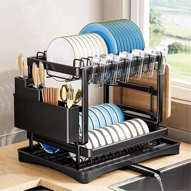 2-Tier Dish Racks For Kitchen Counter, Multifunctional Dish Drying Rack, Large Capacity Metal Kitchen Dishes Drying Rack Plate Organizer For Bowls/Cups/Bottles White