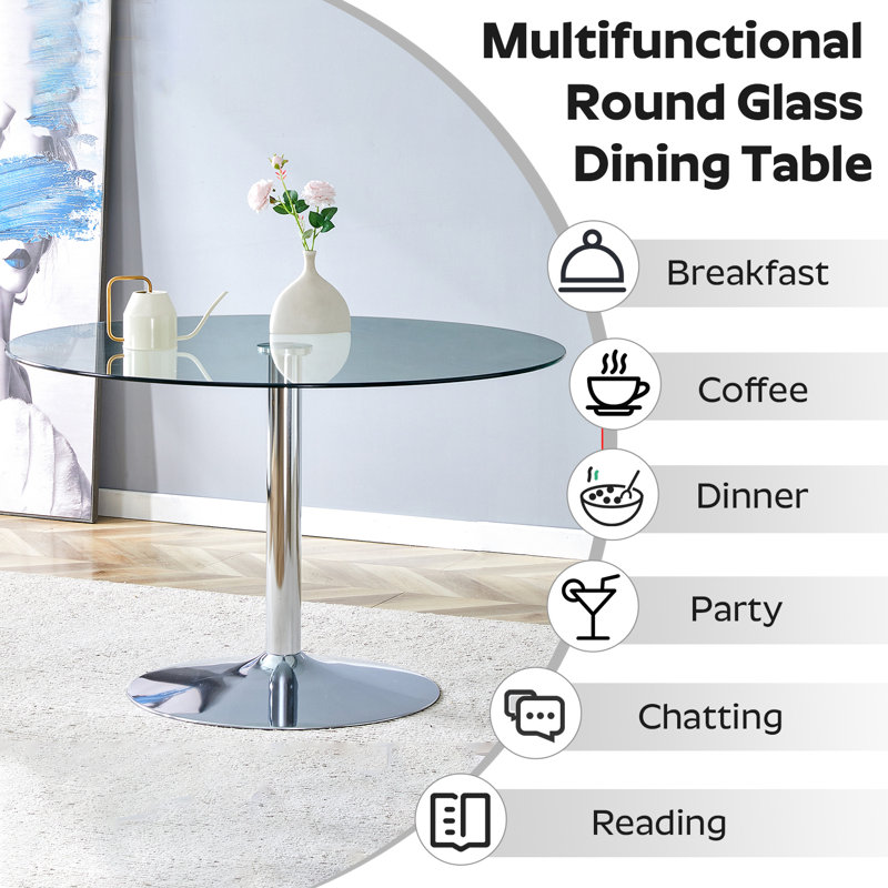 3-Piece Round Glass Dining Table Set, Green, 29.5" H x 35" L x 35" W