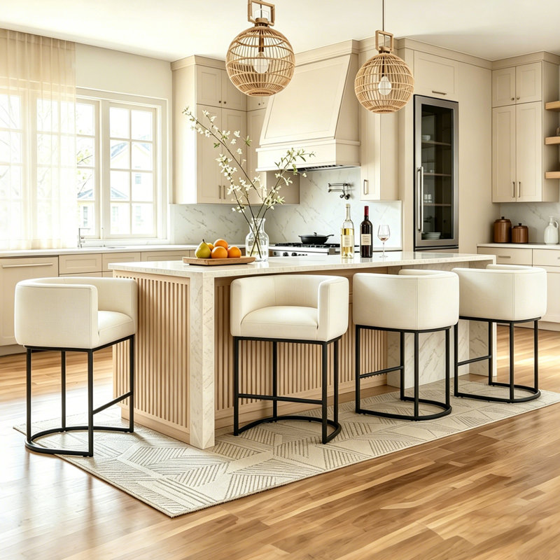 Upholstered Counter Height Stool with Metal Frame (Set of 4), Beige Seat/Black Frame, 4