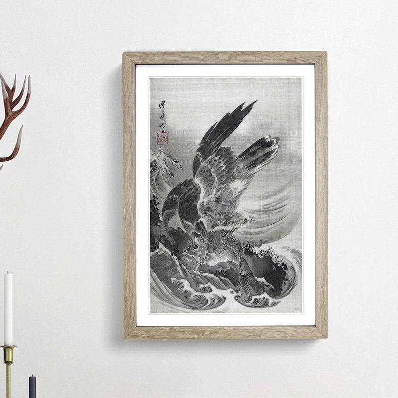 Eagle Attacking Fish by Kawanabe Kyosai - Picture Frame Painting Print, 48cm H x 36cm W x 2cm D, Oak Framed
