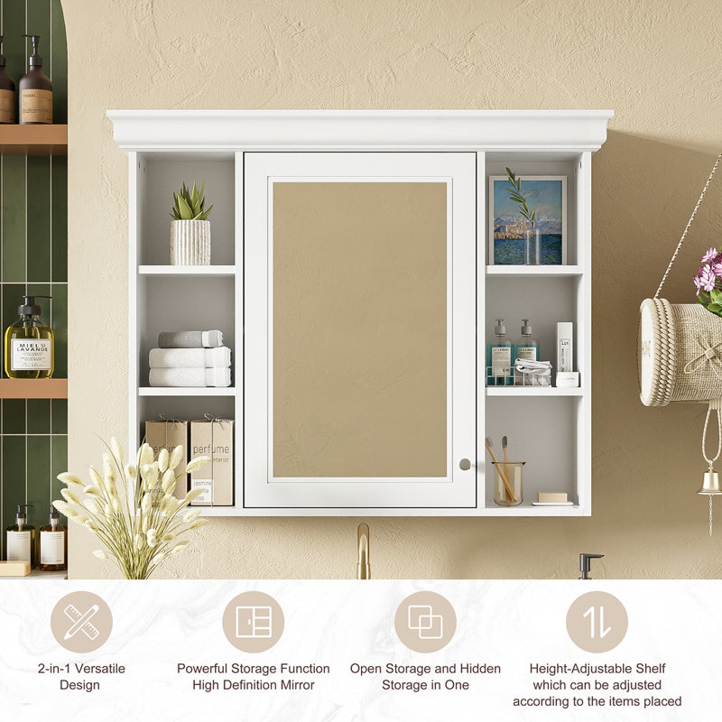 Armoire de rangement murale 35 po x 28 po avec porte miroir, Blanc