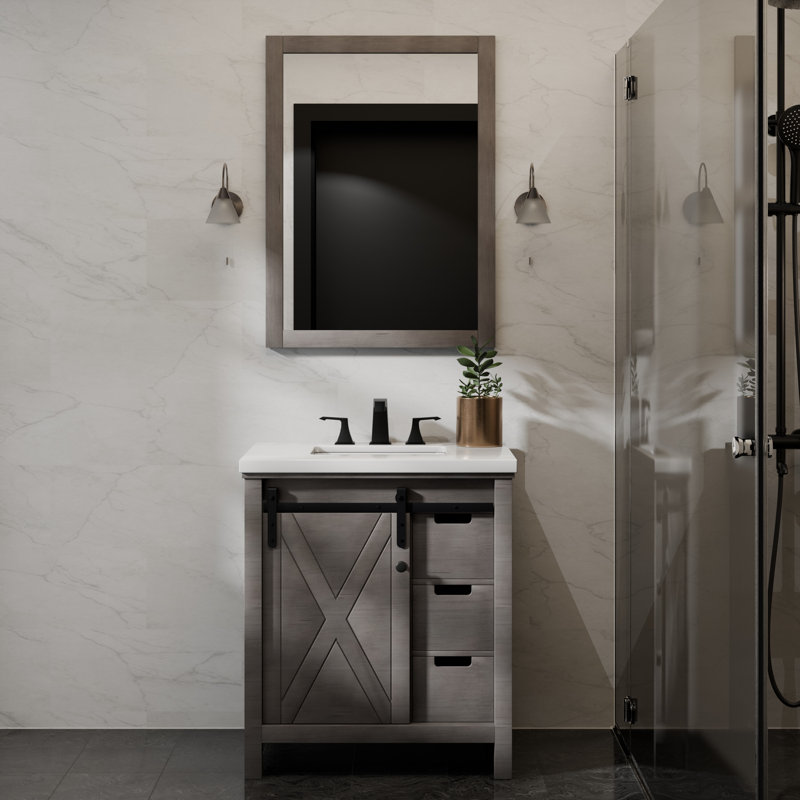 Meuble-lavabo l 30 po x P 22 po et miroir 28 po Marsyas, Gris cendre, Quartz blanc