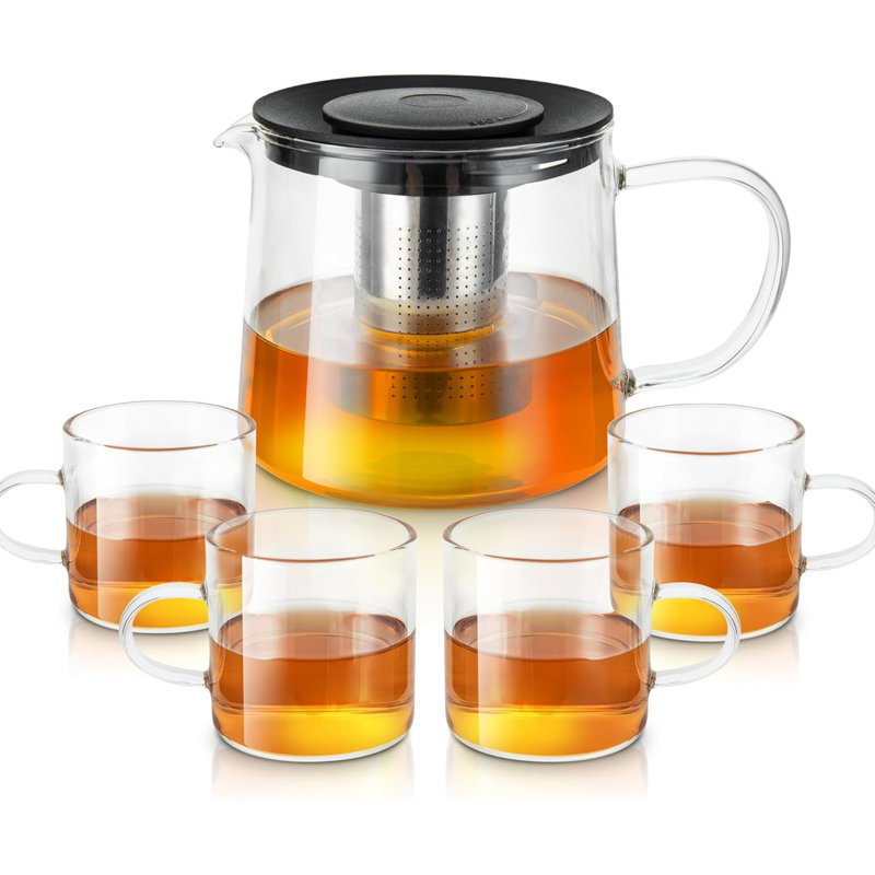 Théière en verre 34 oz ， 1000 ml avec ensemble de 4 tasses à thé, infuseur amovible en acier inoxydable, verre borosilicaté résistant à la chaleur, surface de cuisson sécuritaire pour le thé en feuilles et en fleurs