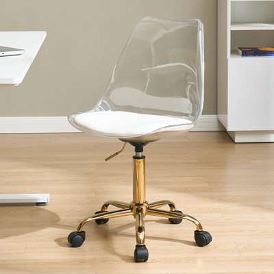  Fauteuil de bureau transparent en acrylique transparent, petit fauteuil de bureau moderne en acrylique avec roulettes, fauteuil roulant pivotant sans accoudoir pour bureau, maison, doré