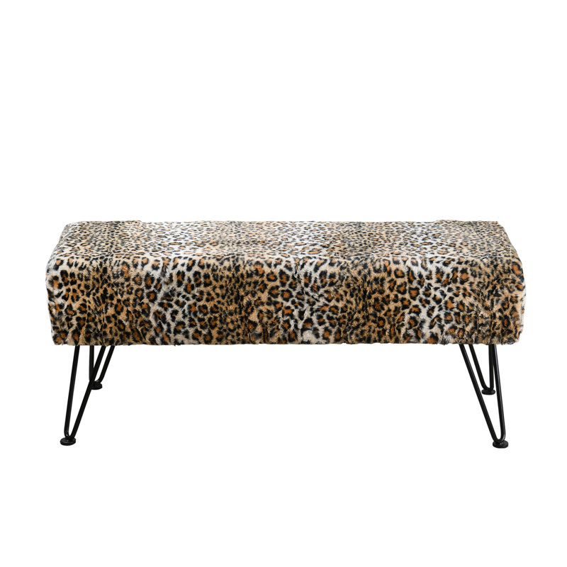 Jesseca Faux Fur Upholstered Bench, 17" H x 46" W x 16" D, Leopard, Black