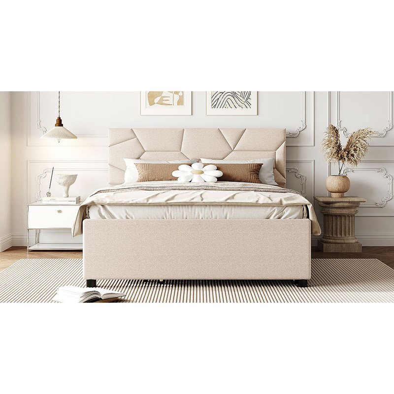 Lit plateforme tapissier avec tête de lit à motif brique et lit gigogne en lin, Beige