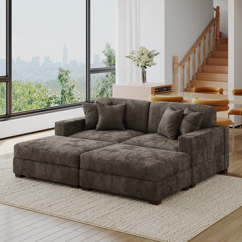 4 - Piece Upholstered Camel Chenille Modular Sectional Sofa with Throw Pillows & Removable Ottomans, Camel Chenille