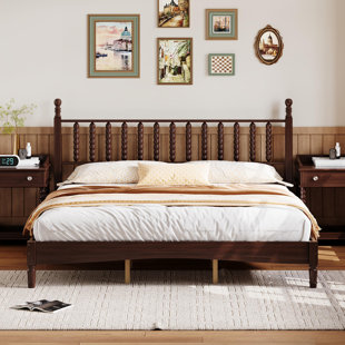 Wood Platform Bed With Gourd Shaped Headboard,Retro Style Platform Bed With Wooden Slat Support