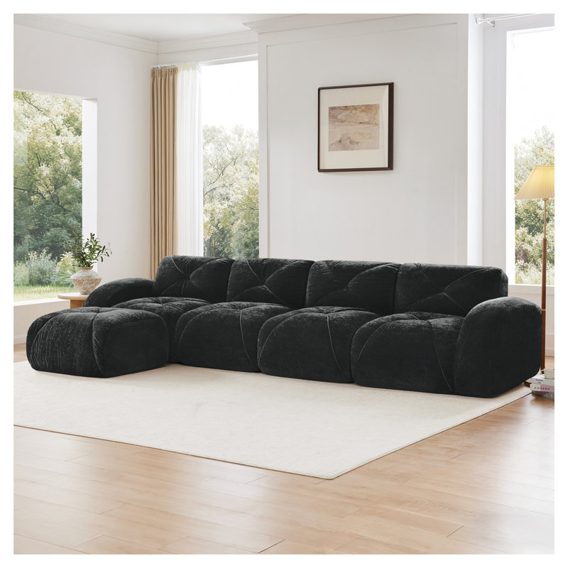 Canapé modulaire en L capitonné noir en forme de L avec repose-pieds mobile, canapé-lit Cloud Comfort, Noir