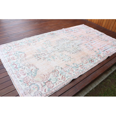 Large Vintage Turkish Rug With Faded Pink Handwoven Wool in Floral Design For Neutral Decor