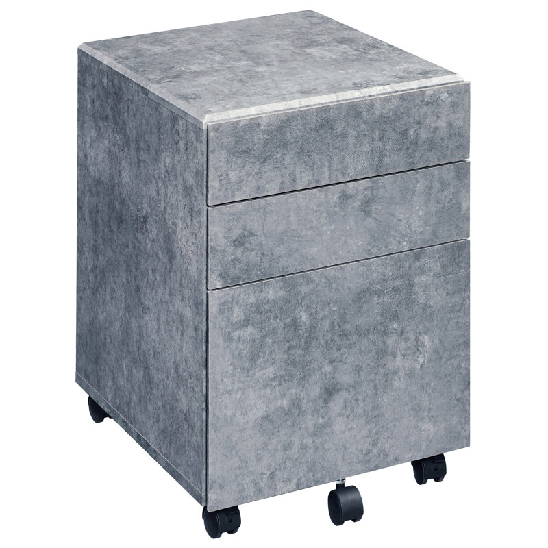 Silver Industrial File Cabinet With Faux Concrete Covering And Convenient 3 Drawers Office Look