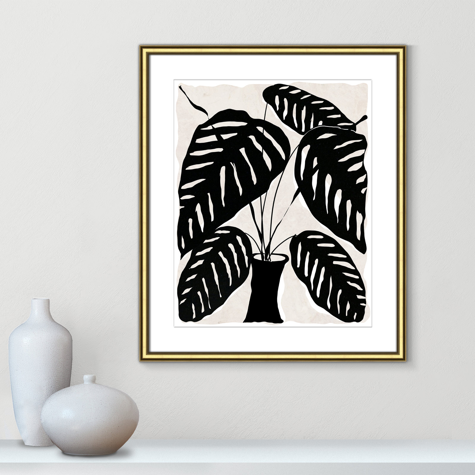 Black and White Potted Plant I Print, Gold Framed, 26.75" H x 22.75" W x 0.88" D