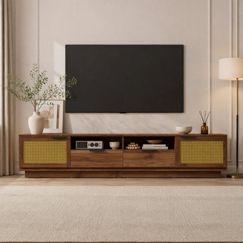 Meuble télé 78 po avec panneaux avant en rotin, tiroirs, tablettes ouvertes, pour téléviseurs de 85 po ou moins